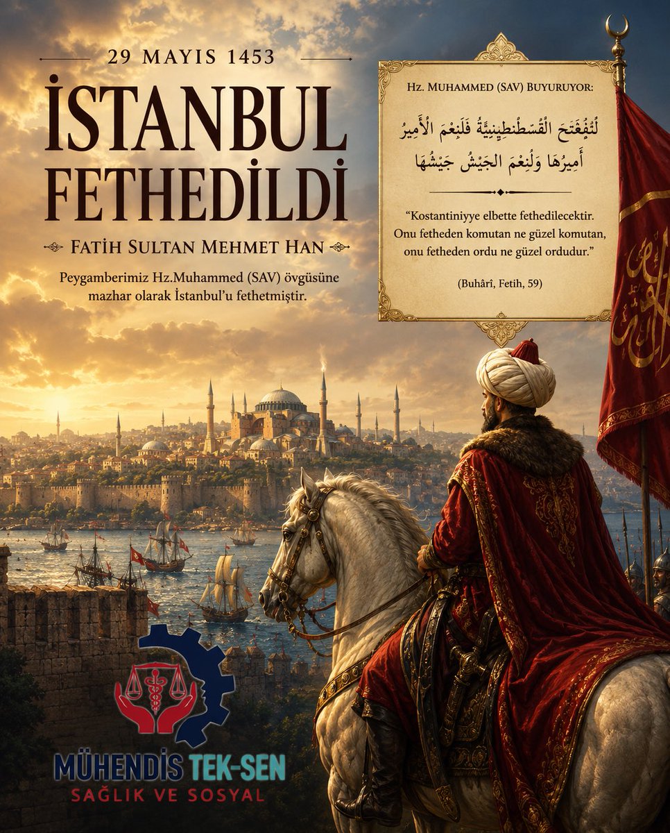MuhTekSenSagSos's tweet photo. 29 MAYIS 1453…

İSTANBUL’UN FETHİ: DOĞU ROMA İMPARATORLUĞU’NUN YIKILIŞI
(Roma İmparatorluğu’nun Sonu)

Çağ açıp çağ kapatan bu büyük zaferin 573. yıl dönümünde; Peygamber Efendimiz’in (SAV) “Konstantiniyye elbette fethedilecektir. Onu fetheden komutan ne güzel komutan, onu fetheden ordu ne güzel ordu.” müjdesine mazhar olarak İstanbul’u fetheden Fatih Sultan Mehmet Han’ı ve aziz ecdadımızı rahmet, minnet ve şükranla yâd ediyoruz.

Fetih, sadece bir şehrin alınması değil; inancın, ilmin, mühendisliğin ve askeri dehanın muhteşem bir zaferidir.
Mühendislik ve taktik dehası sayesinde, bin yıllık surlarla korunan bir imparatorluk, 53 günlük bir kuşatmayla fethedildi. İstanbul’un Fethi, sadece askeri bir zafer değil; askeri teknoloji ve strateji tarihinde de bir dönüm noktasıdır.

Fetih ruhu; imanın, ilmin, azmin ve kararlılığın en parlak nişanesidir.

İstanbul’un Fethi’nin 573. yılı kutlu olsun.
Allah, ecdadımızın ruhlarını şad eylesin.

MÜHENDİS TEK-SEN
Sağlık ve Sosyal Hizmetler Sendikası

@MuhTekSen_Konf 
@MuhTekSenSagSos 
@MuhTekSenUlasim 
@MuhTekYerelYntm 
@muhteksenkultur 
@MuhTekBayindir 
@MuhTekBuro 
@MuhTekTrmOrmn 
@KaMuhEnerjiSen
