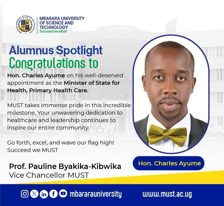 MbararaUST's tweet photo. Alumnus Spotlight 

Congratulations to Dr. @DrAyumeCharles on his well-deserved appointment as the Minister of State for Health,  primary healthcare. https://t.co/5sjIMeNhRh