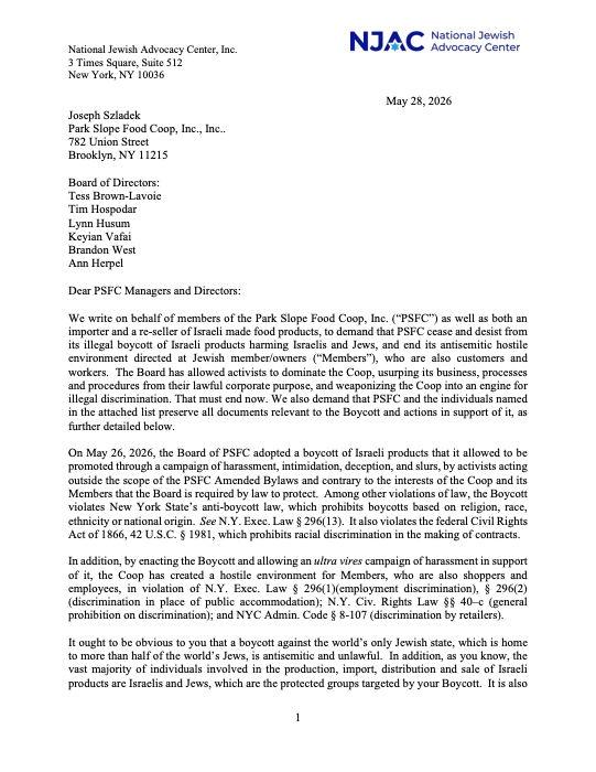 MarkGoldfeder's tweet photo. Dear Park Slope Food Coop,

Today, @NJACLaw sent a demand letter on behalf of members and importers harmed by PSFC’s illegal Israel boycott. 

Your mission statement says diversity and equality. Prove it. 

Sell kale. Stop discriminating.

Do it, or we’ll see you in court. https://t.co/U5pabZ0Ywk