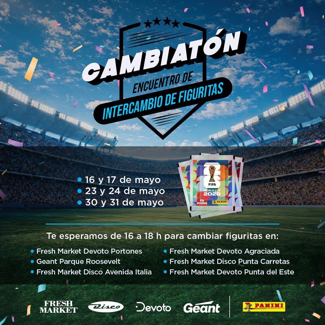 devoto_uy's tweet photo. La figurita que te falta puede estar esperándote acá ⚽🔥

Llega el Cambiatón: encuentros para intercambiar figuritas y seguir llenando el álbum.

📍 De 16 a 18 h en locales seleccionados de Fresh Market, Disco, Devoto y Géant.
📅 30 y 31 de mayo. https://t.co/xA2QYJmdtp