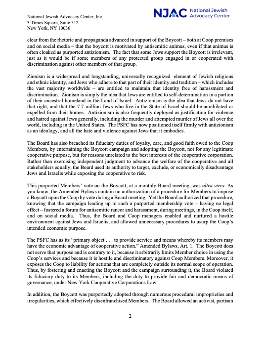MarkGoldfeder's tweet photo. Dear Park Slope Food Coop,

Today, @NJACLaw sent a demand letter on behalf of members and importers harmed by PSFC’s illegal Israel boycott. 

Your mission statement says diversity and equality. Prove it. 

Sell kale. Stop discriminating.

Do it, or we’ll see you in court. https://t.co/U5pabZ0Ywk