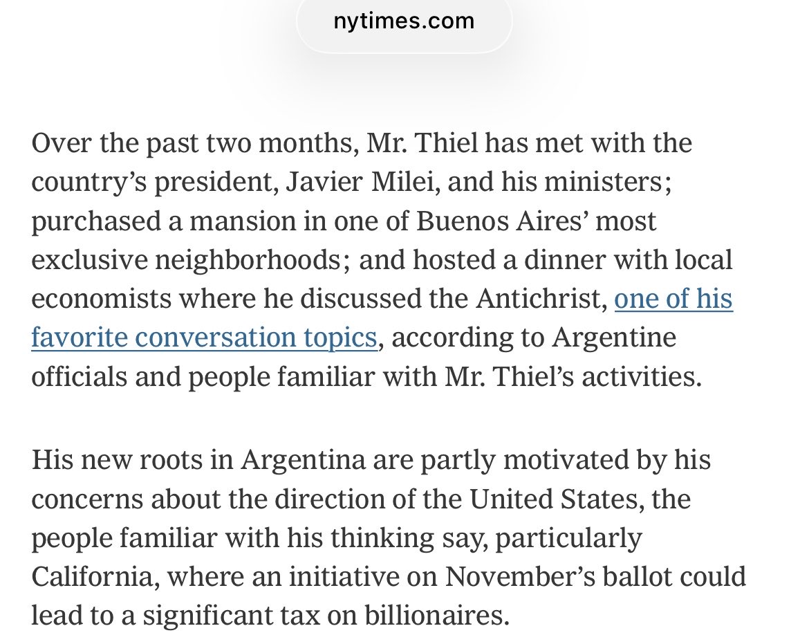 Geiger_Capital's tweet photo. Peter Thiel has moved his family to Argentina, largely due to the direction of California…

He sees socialism rising in America, while Milei is taking Argentina in the opposite direction. https://t.co/uszsSyIhN1