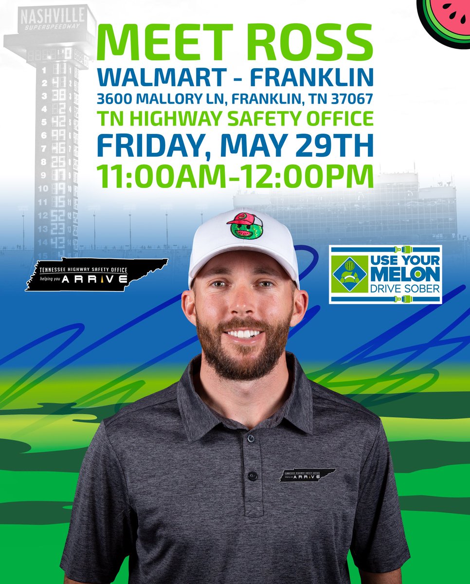 RossChastain's tweet photo. Come see the @TNHSO and me tomorrow morning in Franklin, TN! Looking forward to being back with them this weekend at @NashvilleSuperS reminding everyone to #UseYourMelon and drive sober. https://t.co/4Aam7OQif4