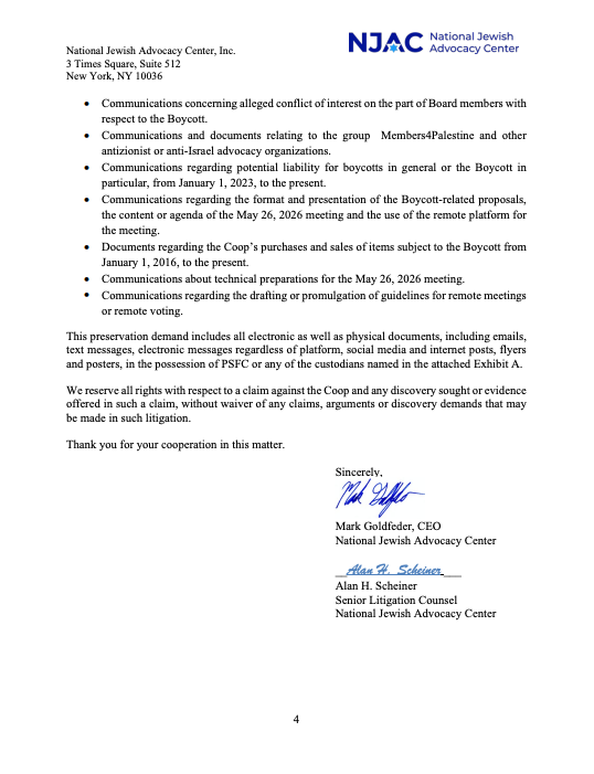 MarkGoldfeder's tweet photo. Dear Park Slope Food Coop,

Today, @NJACLaw sent a demand letter on behalf of members and importers harmed by PSFC’s illegal Israel boycott. 

Your mission statement says diversity and equality. Prove it. 

Sell kale. Stop discriminating.

Do it, or we’ll see you in court. https://t.co/U5pabZ0Ywk