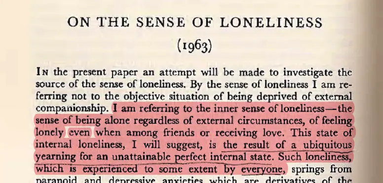 Samantharhill's tweet photo. Melanie Klein on loneliness as a yearning for an unattainable perfect internal state https://t.co/LiTvSPZjz1