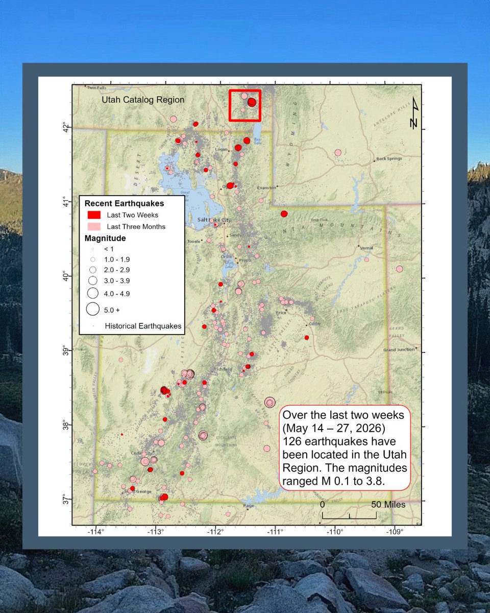 UUSSquake's tweet photo. Over the last two weeks, 126 earthquakes have been located in the Utah Region. The magnitudes ranged from 0.1 to 3.8. The largest earthquake on May 15, was located northwest of Montpelier, ID. https://t.co/0nquUGm1Nc