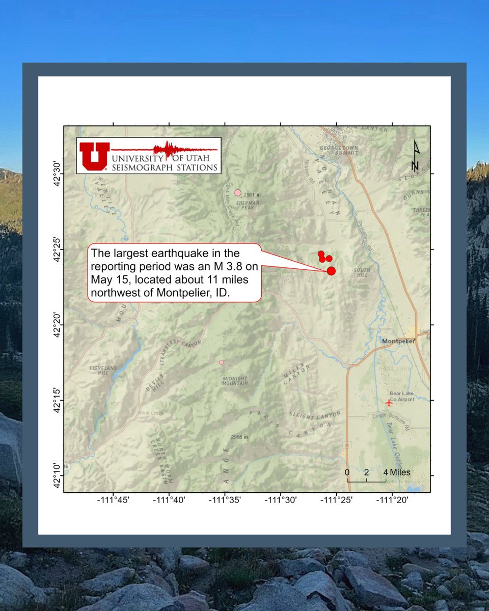 UUSSquake's tweet photo. Over the last two weeks, 126 earthquakes have been located in the Utah Region. The magnitudes ranged from 0.1 to 3.8. The largest earthquake on May 15, was located northwest of Montpelier, ID. https://t.co/0nquUGm1Nc