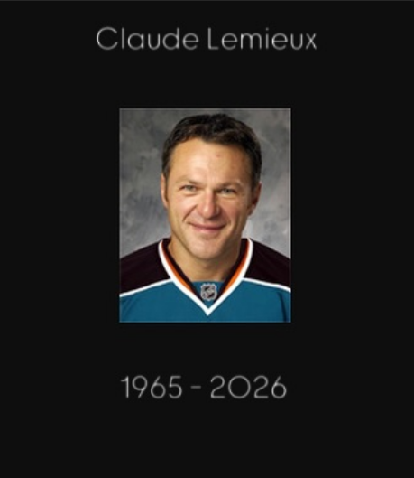 LetsGoSharks's tweet photo. We mourn the passing of former Shark Claude Lemieux. Lemieux finished his illustrious NHL career by playing 18 games for San Jose in 2008. https://t.co/dpC53VBEOO