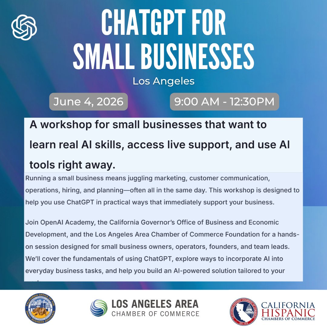 CaliforniaOSBA's tweet photo. 🤖 Ready to level up your business with AI? Join @CAGoBiz, OpenAI Academy &amp; the LA Area Chamber Foundation for a FREE hands-on ChatGPT workshop for small businesses. Plus, attendees receive 1 year of ChatGPT Plus! 🚀

🔗 https://t.co/zCcEvgPsgW

#CalOSBA #AIForBusiness https://t.co/09HSlPrNDl