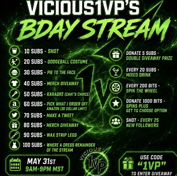 vicious1vp's tweet photo. We got a Bday stream coming your way! Sunday 9-9 MST! Going to be playing various games with various sub and bit redemptions! So come tune in and lets party! #bday #bdaystream #party https://t.co/7e5yxuM5C4
