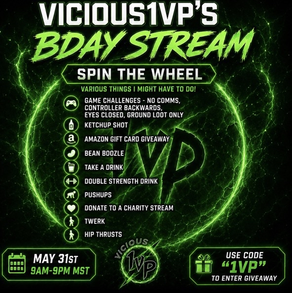 vicious1vp's tweet photo. We got a Bday stream coming your way! Sunday 9-9 MST! Going to be playing various games with various sub and bit redemptions! So come tune in and lets party! #bday #bdaystream #party https://t.co/7e5yxuM5C4