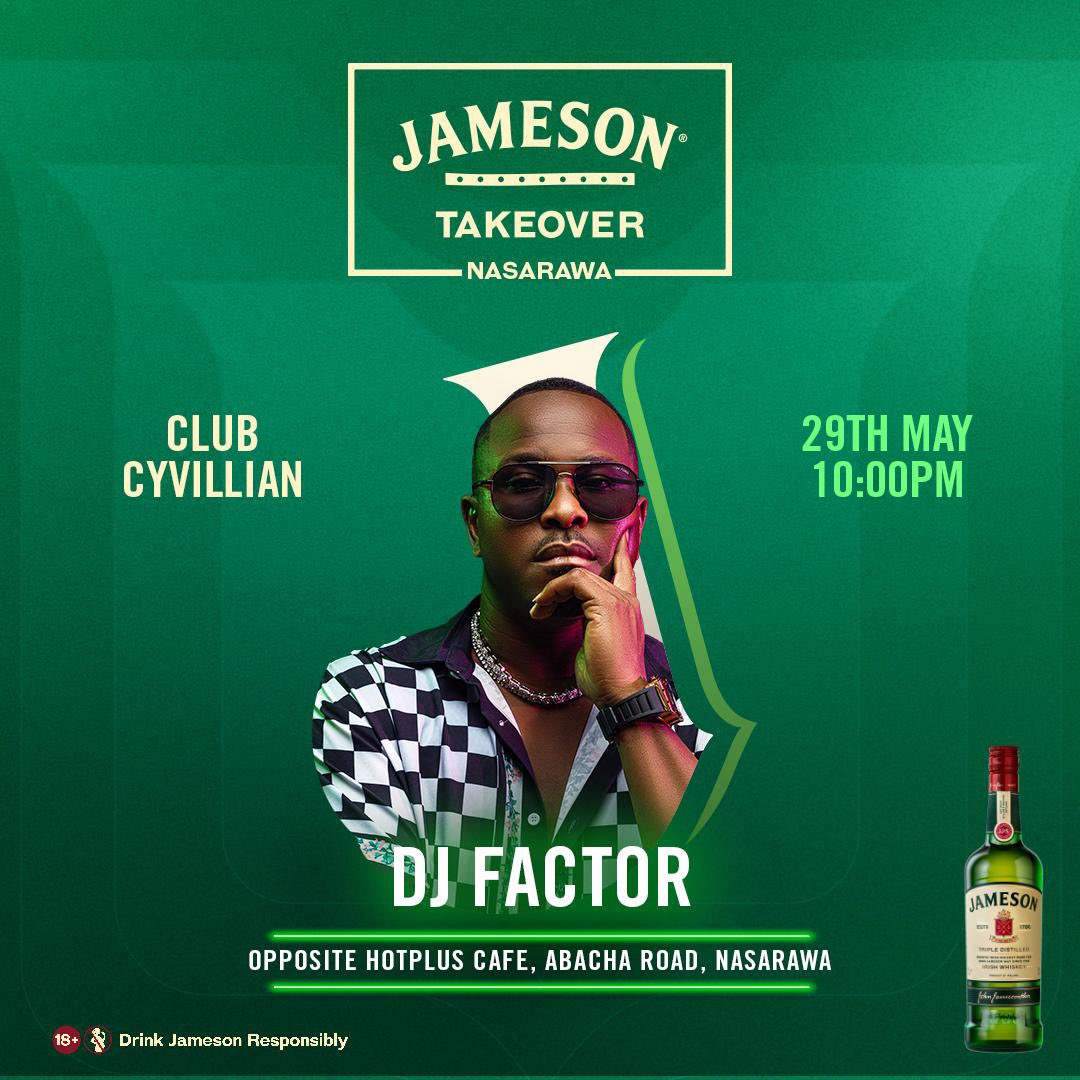 beancreativeng's tweet photo. Jameson City Takeover is happening live in Nasarawa tomorrow. 

And guess what? @deejayfactor will be live to turn up the heat.🔥🔥🔥

📍Club Cyvillian
🕛 10 pm.

You don’t want to be left out!

@JamesonNGR 

#BeanCreativeIMC #JamesonCityTakeover #MustBeAJameson. https://t.co/j7WIVNZCAb