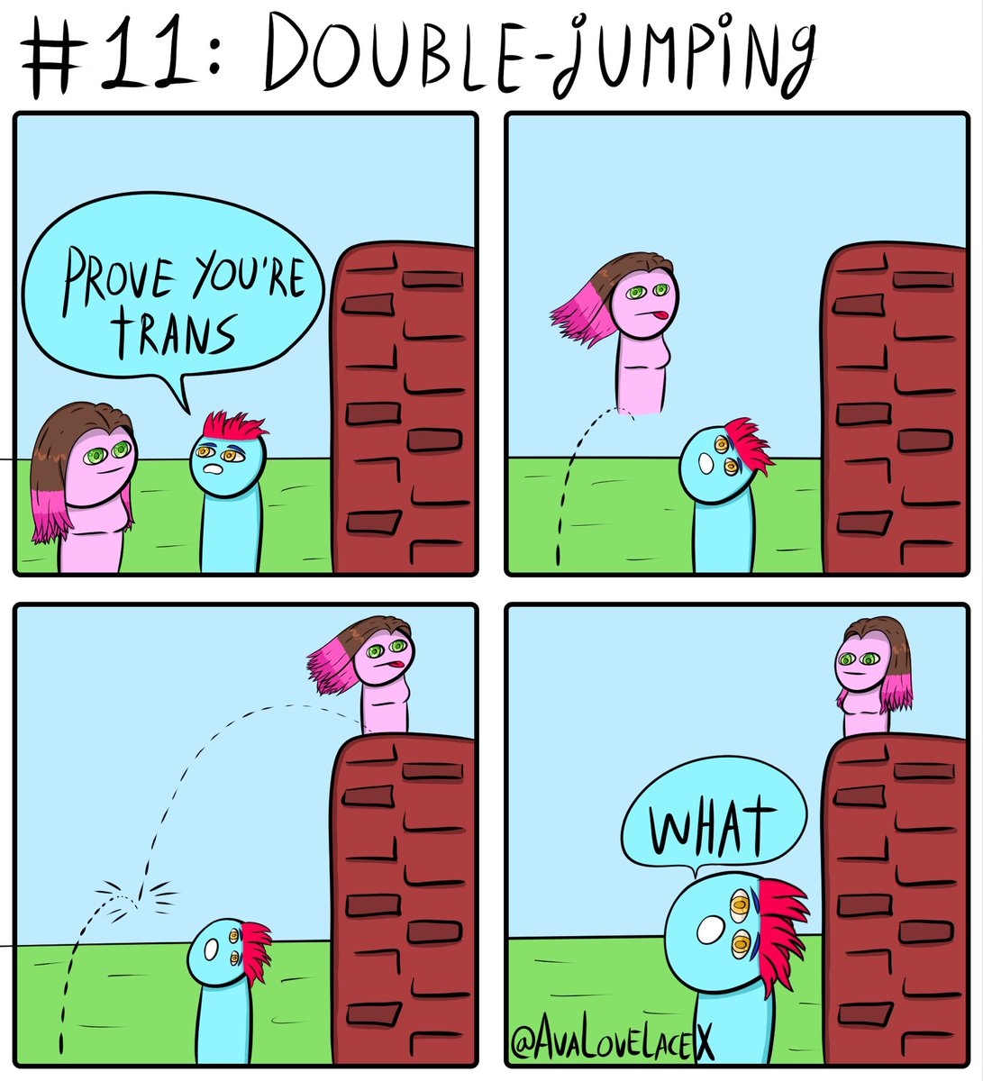 AvaLovelaceX's tweet photo. Fun fact: trans🏳️‍⚧️ people can double jump :3 https://t.co/5dQYb8eG86
