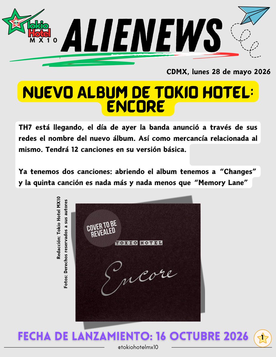 tokiohotelmx10's tweet photo. #th7 y con él nueva mercancía 🙌🥰💖 además nuestro “Ciclo Alien” 2026 son parte de nuestras AlienNews de este mes 🚀‼️
Échales un ojo 👀 y cuéntanos en comentarios ¿estás listo para lo que se viene con @tokiohotel y “Encore”? 👇
#tokiohotel #newmusic #encore https://t.co/nE05vBdurj
