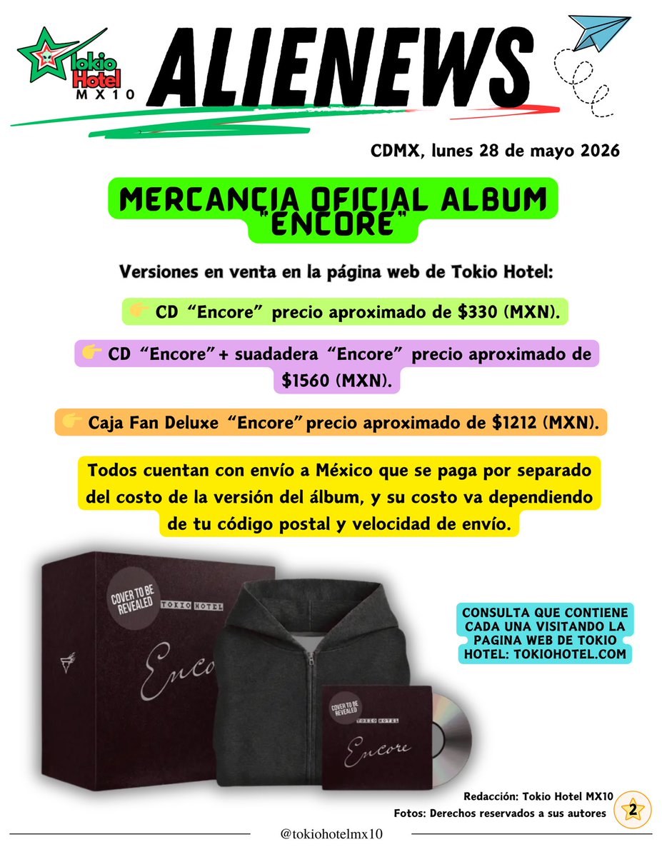 tokiohotelmx10's tweet photo. #th7 y con él nueva mercancía 🙌🥰💖 además nuestro “Ciclo Alien” 2026 son parte de nuestras AlienNews de este mes 🚀‼️
Échales un ojo 👀 y cuéntanos en comentarios ¿estás listo para lo que se viene con @tokiohotel y “Encore”? 👇
#tokiohotel #newmusic #encore https://t.co/nE05vBdurj