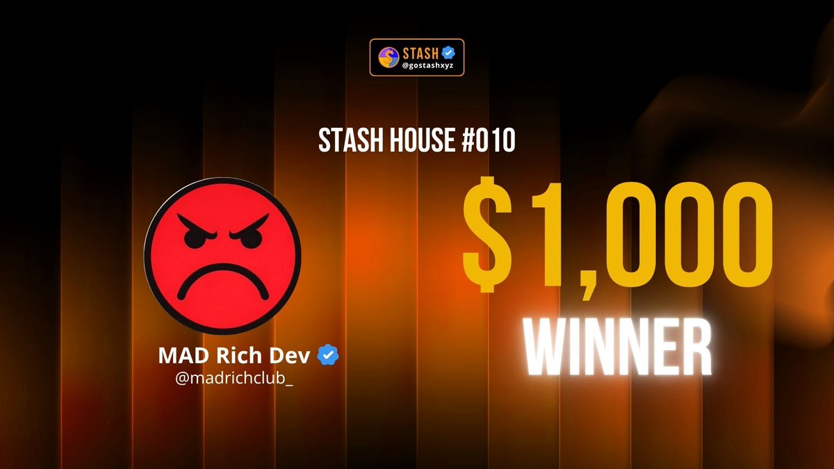 gostashxyz's tweet photo. 🏆 WE HAVE A WINNER.

The Round 2 STASH HOUSE winner of the $1,000 investment from the STASH Dev is:

MAD Rich Dev — @madrichclub_ 

After the pitches, the Battle Royale, the community support, and all the beautiful public bag-defending…

they stood out.

Congrats to $MAD and their community. 🎉

Showing up matters.
Making noise matters.
Conviction matters.

And apparently, so does competing in public for $1,000.
#StashHouse #STASH #Crypto