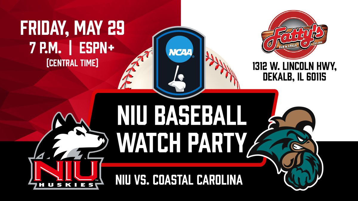 niu_alumni's tweet photo. Join fellow Huskies and friends at Fatty's Pub &amp; Grille in DeKalb Friday night, May 29, at 7 p.m. to watch the NIU Baseball Huskies take on the Coastal Carolina Chanticleers in the NCAA Championship Baseball Tournament. Fatty's is located at 1312 W. Lincoln Highway in DeKalb. https://t.co/aVEiV5c8uv
