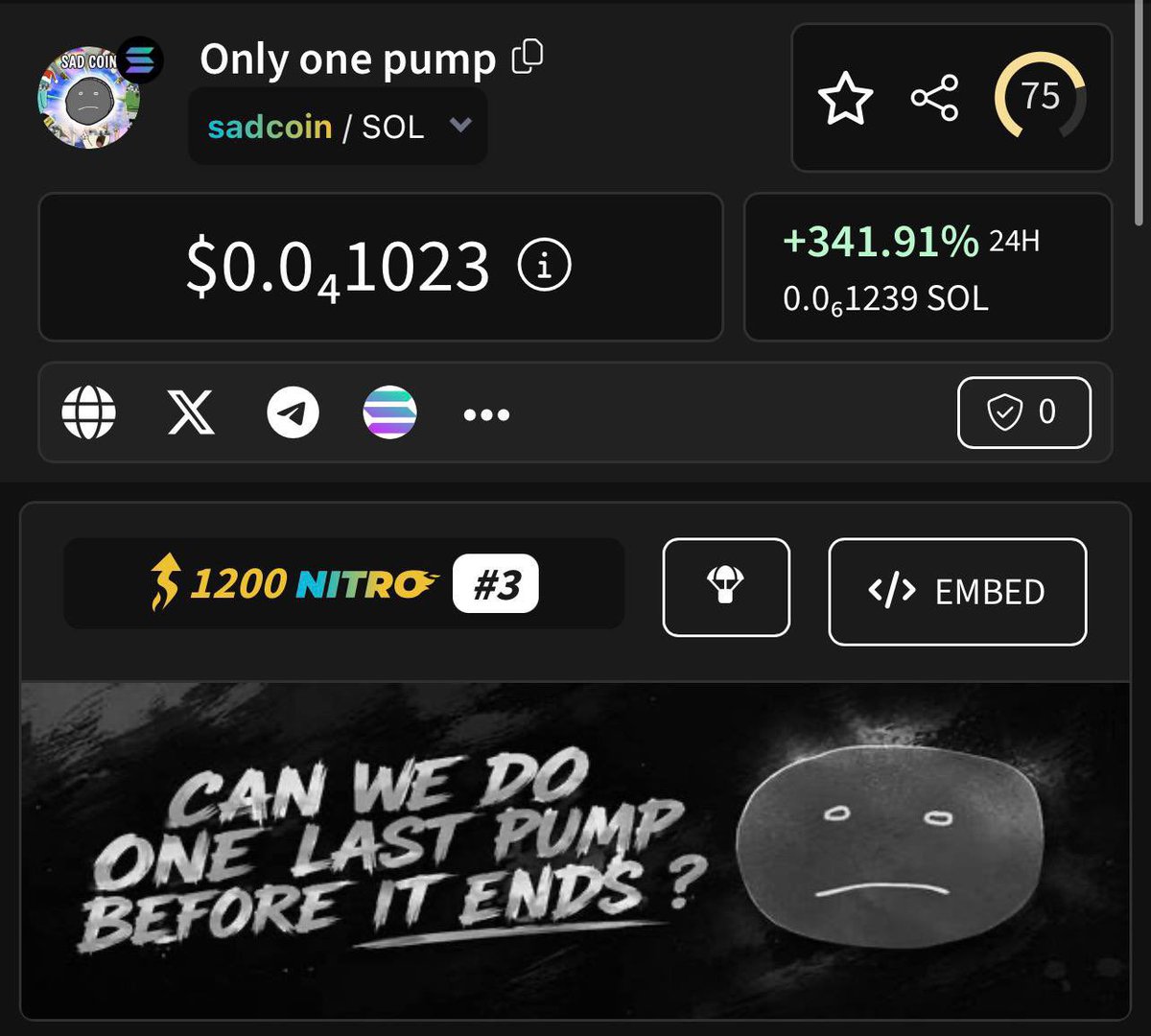 Sad_Coin_'s tweet photo. We’ve officially updated all socials on DEXTools and completed the payment process for the upgrade. 

The first nitro pack (1200 nitro) has been added and running successfully for $SADCOIN 

Ds6adAT5AAcZ4d9UMa9MmrBPKTA6u9KoTvkmXCqpump https://t.co/TlvDlMNReu