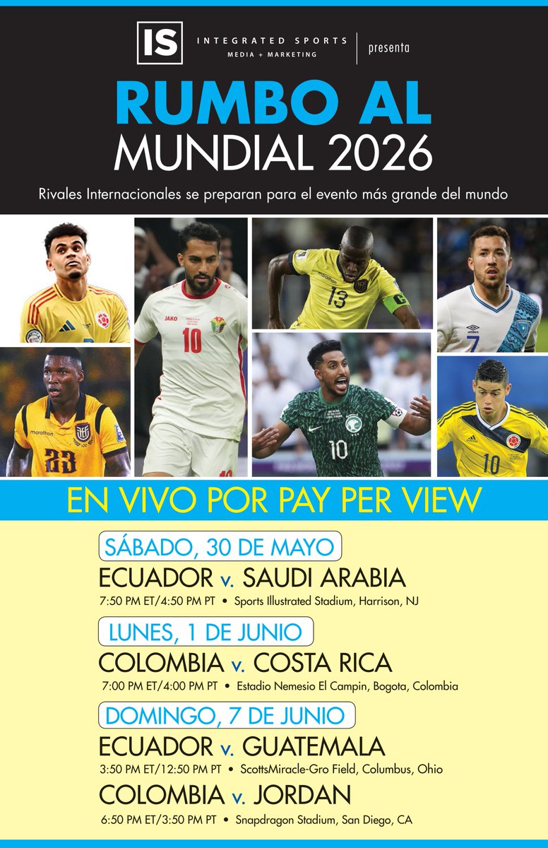 Triller_TV's tweet photo. ⚽️ ¡Este sábado arranca «Rumbo al Mundial 2026»!

No te pierdas cómo Ecuador, Colombia y Guatemala se enfrentan en cuatro partidos espectaculares (del 30 de mayo al 7 de junio).

🎙️ ¡Síguelo EN VIVO en español en TrillerTV PPV! https://t.co/DL3hV8NStr