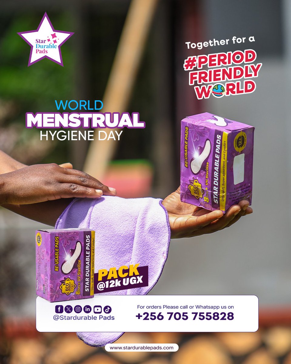 star_pads's tweet photo. Today is World Menstrual Hygiene Day 🌍
Together for a #PeriodFriendlyWorld

20,853 girls reached. 49 communities trained. 
20,116 packs delivered. 

Choose Star Durable Pads, reusable, leak-proof &amp; made with love. 

📞 +256 705 755828
#MHDay2026 #PeriodFriendlyWorld https://t.co/yuNEObYDJZ