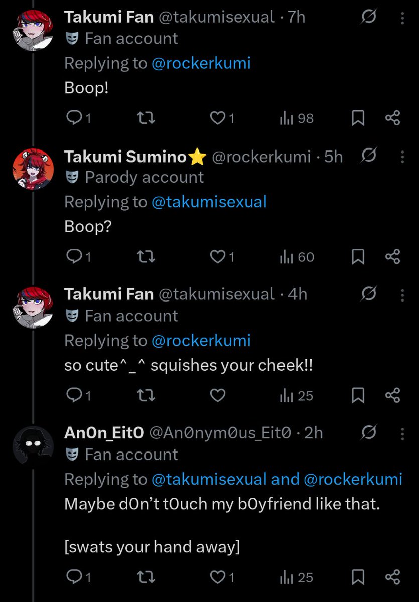 StarvingEito's tweet photo. Here's what happened, for anyone curious. The interaction with rockerkumi was quickly interrupted by two other people when they weren't in the thread to begin with. That was the problem. If there was an issue, it would have to be appropriately addressed &amp; then, of course, solved. https://t.co/KFxyADyzH5