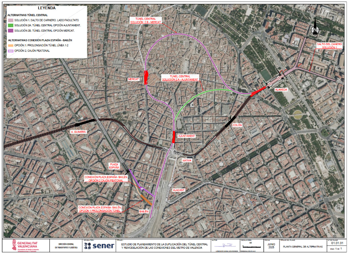 jaavii_023's tweet photo. Estudi del túnel central de metro de València

Tres alternatives:
1 Encreuament a distint nivell en Alameda
2A Túnel central directe Ajuntament-Alameda
2B Túnel central aprofitant l'estació del Mercat (traçat L10)

Dos en Bailén:
1 Nova estació L1-2
2 Pas peatonal amb P. Espanya https://t.co/i3ymdvUfkK