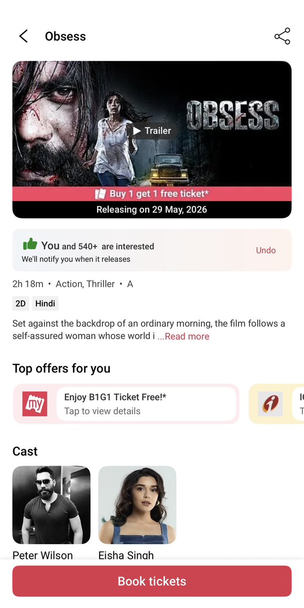 eishafp's tweet photo. So finally the day has arrived for @EishaSingh24 

BookMyShow is running a buy one get one ticket offer for Obsess. 
If it is  available in your area grab your tickets now and enjoy your weekend with Obsess.
#EishaSingh  #EishasTribe 
#OBSESSFTEishaSingh https://t.co/vrk3igQOUk