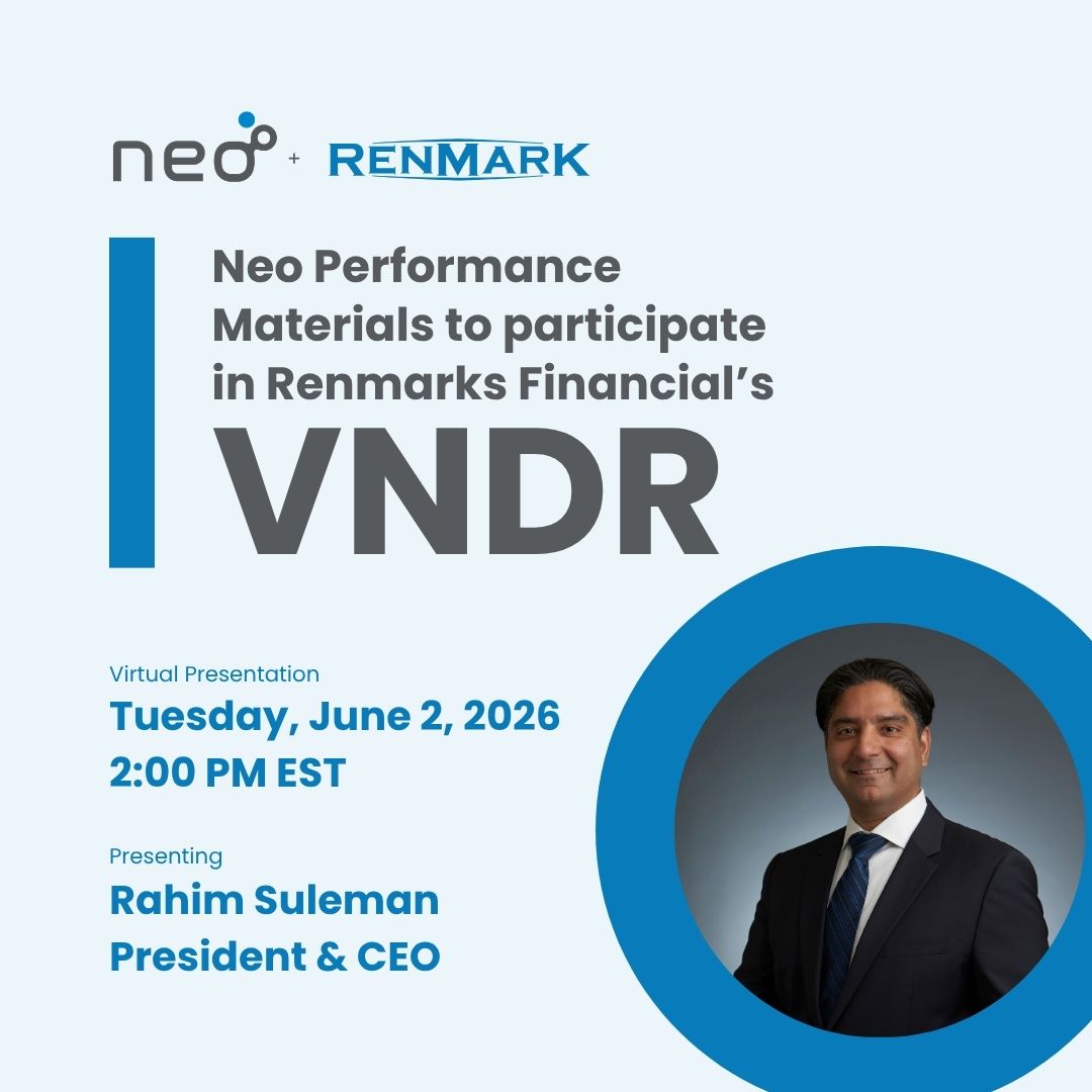 neo_materials's tweet photo. Mark your calendars! Join President &amp; CEO Rahim Suleman on June 2 at 2 PM EST as he shares the Neo story, our growth strategy, &amp; more. Don’t miss the live Q&amp;A! 

👉 Register: https://t.co/5RFm3GUoik 

#NeoPerformanceMaterials #RareEarths #TSX https://t.co/S1QnuRZnZ2