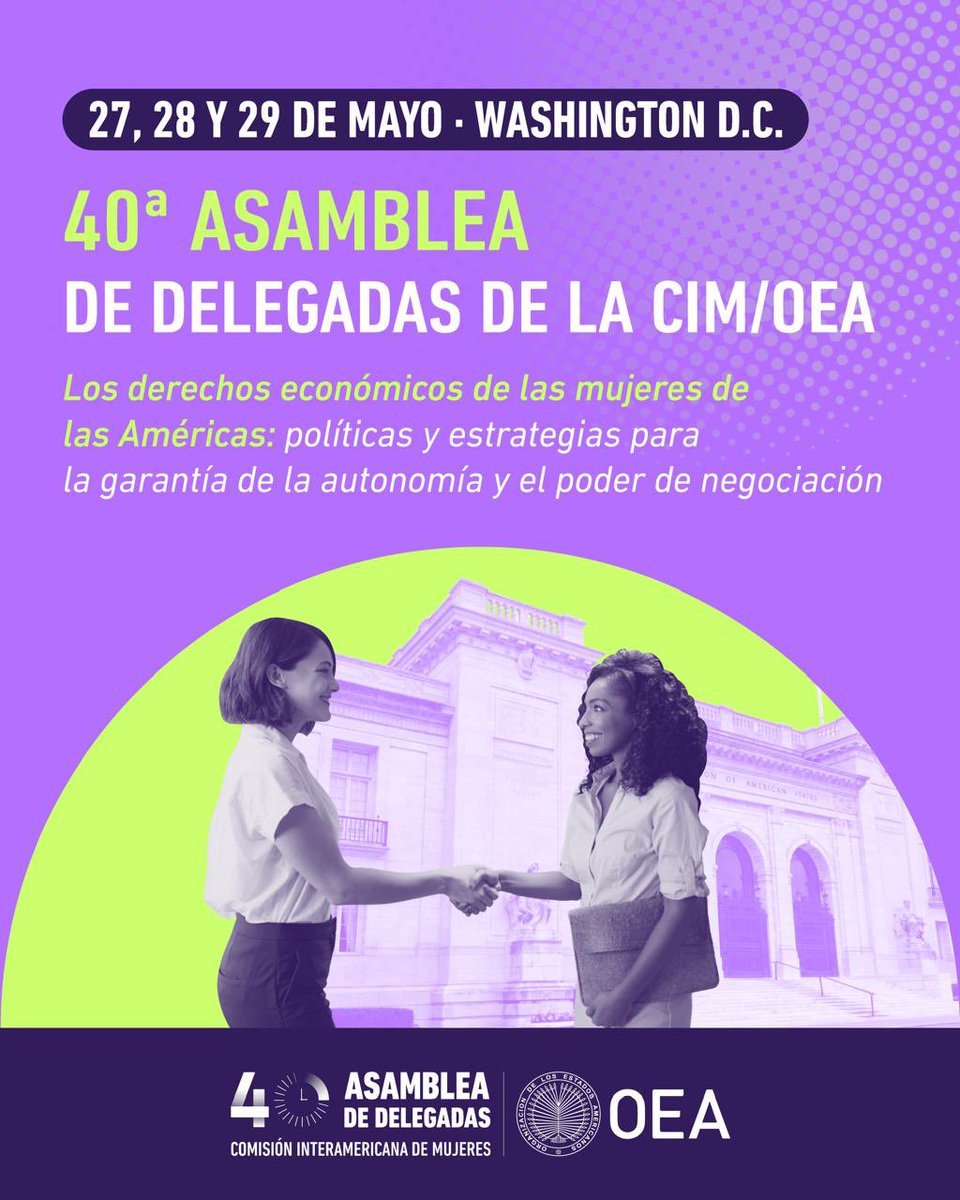 Ecuador_OEA's tweet photo. 🇪🇨Más oportunidades para las mujeres.

Ecuador participa en la Cuadragésima Asamblea de la Comisión Interamericana de Mujeres @CIMOEA , que se celebra los días 28 y 29 de mayo de 2026 en Washington, D.C.

Este espacio de diálogo hemisférico, impulsado por la @OEA_oficial, reúne a los Estados miembros para fortalecer la cooperación regional y promover iniciativas orientadas a la igualdad, el liderazgo y el empoderamiento de las mujeres en las Américas.

La participación ecuatoriana reafirma el compromiso del país con el trabajo conjunto y el impulso de políticas que contribuyan al desarrollo y la inclusión en la región.

@CIMOEA @OEA_oficial @CancilleriaEc @Palencia3Monica 
#EcuadorEnLaOEA #DerechosDeLasMujeres #CulturaDeLaIntegracion