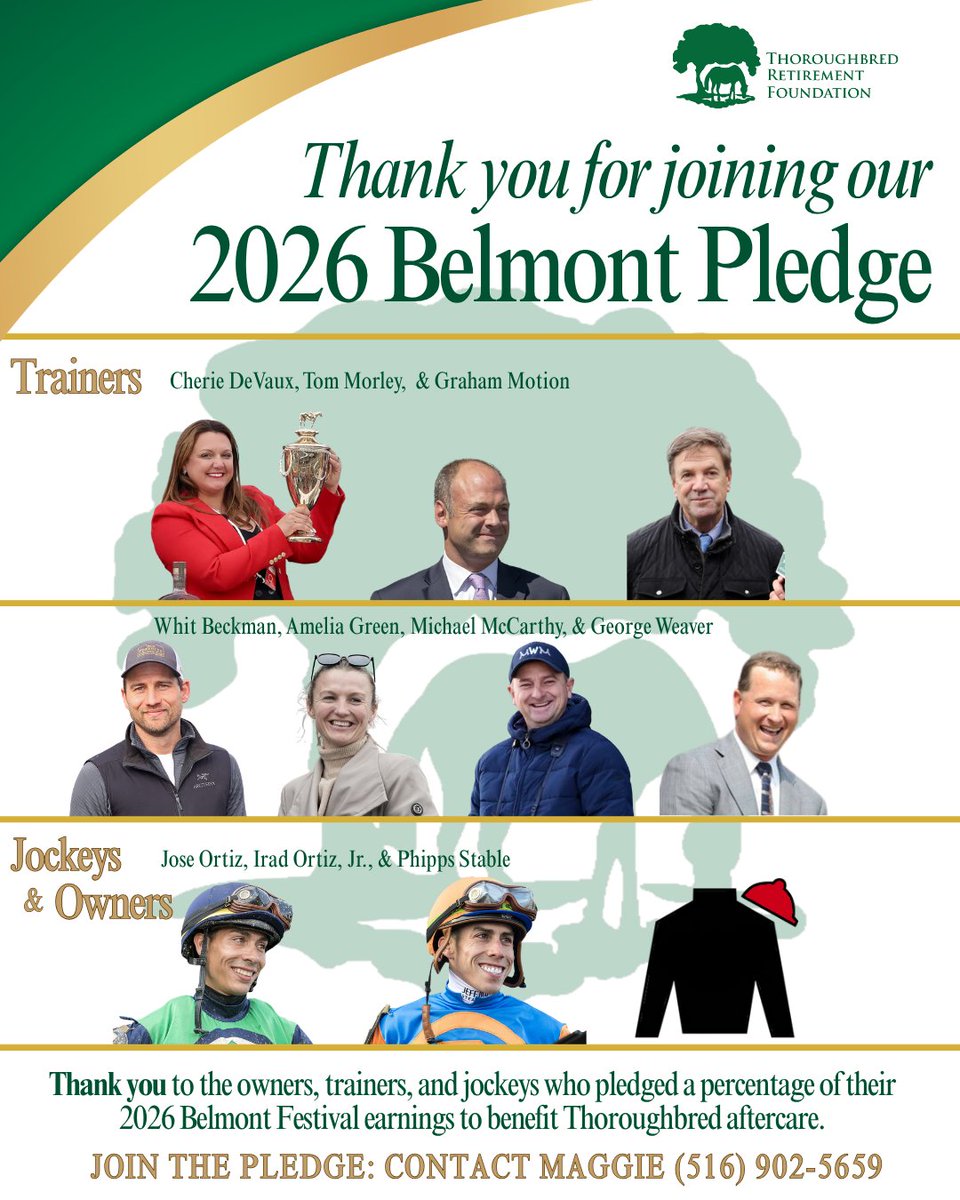 trfinc's tweet photo. Our #Belmont Pledge is gaining even more momentum!💚We are thrilled to welcome @reredevaux , @morley_racing , @GrahamMotion , @jose93_ortiz , @iradortiz , and Phipps Stable, alongside returning pledgers @DWhitBeckman , @Ameliajgreen , @mwmracing , and George Weaver. #BelmontFestival
