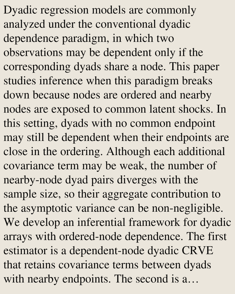 eBlogs's tweet photo. Robust Inference for Dyadic Data with Dependent Ordered Nodes

Ulrich Hounyo, Jiahao Lin, Xiaojun Song
https://t.co/5hC1quf0sb [𝚎𝚌𝚘𝚗.𝙴𝙼 𝚜𝚝𝚊𝚝.𝙰𝙿] https://t.co/aZBl7qvrdw