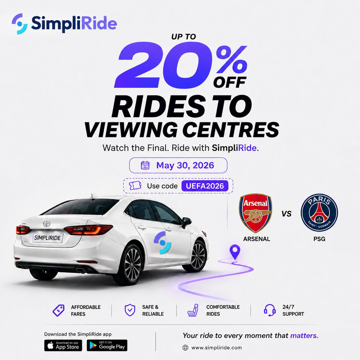 simpliride_ng's tweet photo. The UCL Final is Here! 🏆

Enjoy up to 20% OFF your rides
Use code: UEFA2026
Valid May 30 - June 2nd 2026

Download the app and use UEFA2026 to unlock your discount.

Terms and Conditions apply

#SimpliRide #UEFA2026 #UCLFinal #ArsenalVsPSG #ChampionsLeagueFinal https://t.co/bDMPGLdBRz