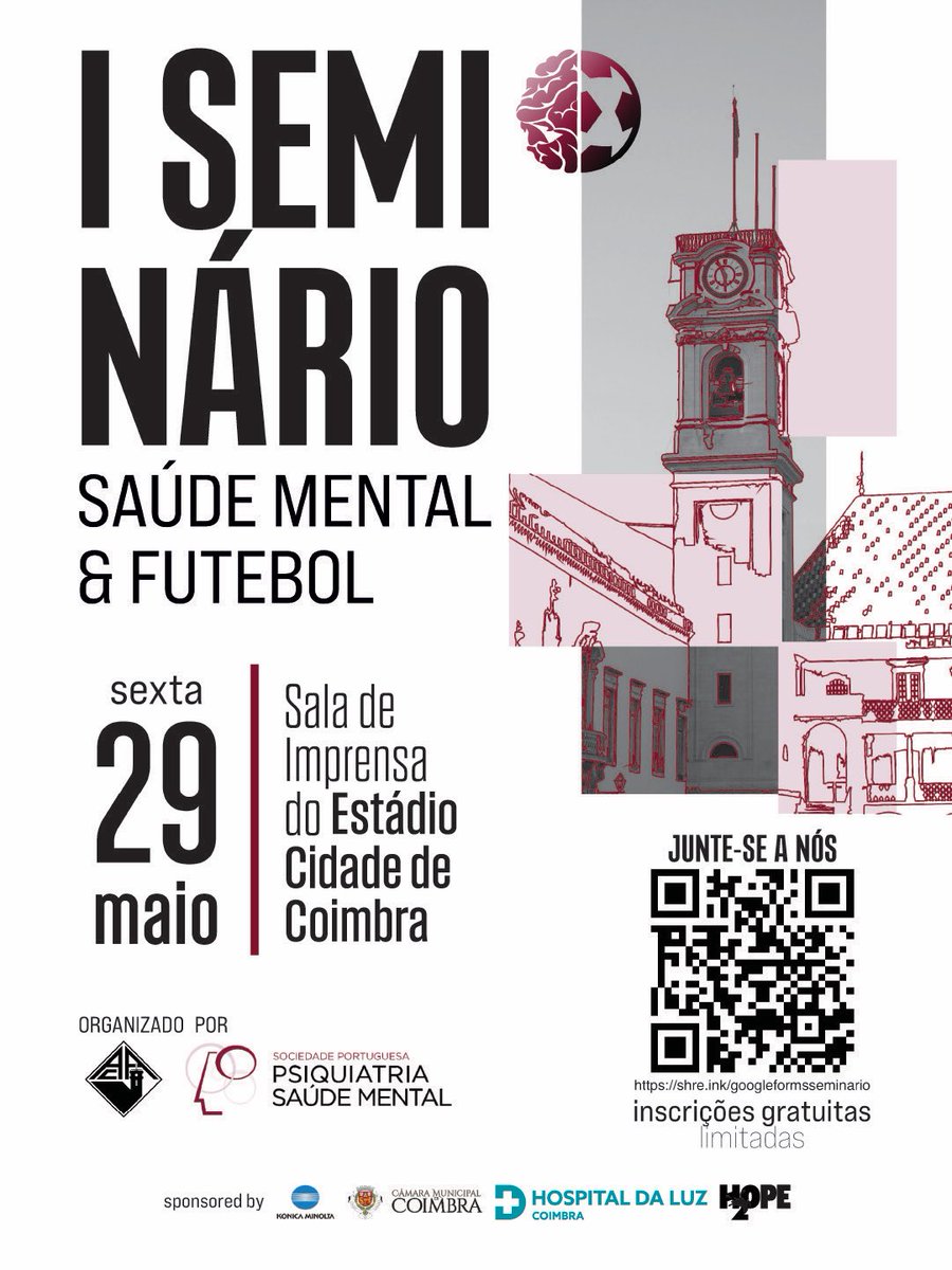 SPPSM_'s tweet photo. ⚽ É já amanhã, dia 29 de maio, que a Sala de Imprensa do Estádio Cidade de Coimbra recebe o l Seminário Saúde Mental no Futebol, coorganizado pela @academicaoaf e pela Sociedade Portuguesa de Psiquiatria e Saúde Mental.

Inscreva-se e junte-se a nós: https://t.co/DwcZ0Q2dia https://t.co/jAXZI8nTsg