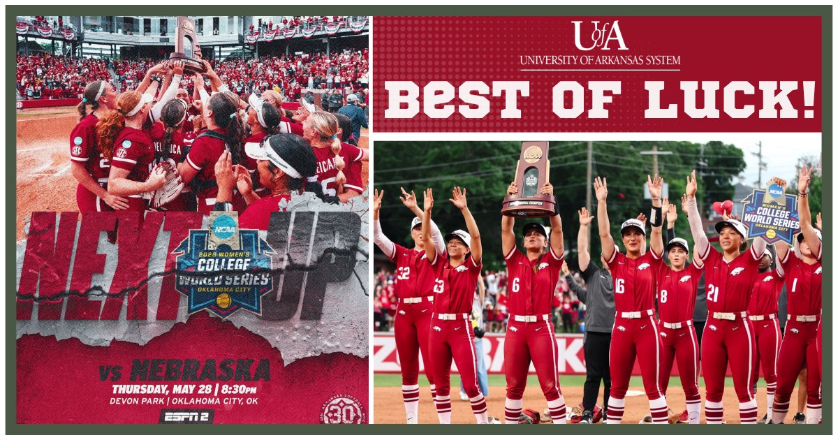 UofA_System's tweet photo. What a time to be alive. We have @RazorbackSB at the Women's College World Series tonight at 8:30 p.m. and TWO of our institutions (@LittleRockBSB, @RazorbackBSB) for the second-straight year vying for the College World Series, opening play Friday. Best of luck to all three! https://t.co/pPKm5m76KK