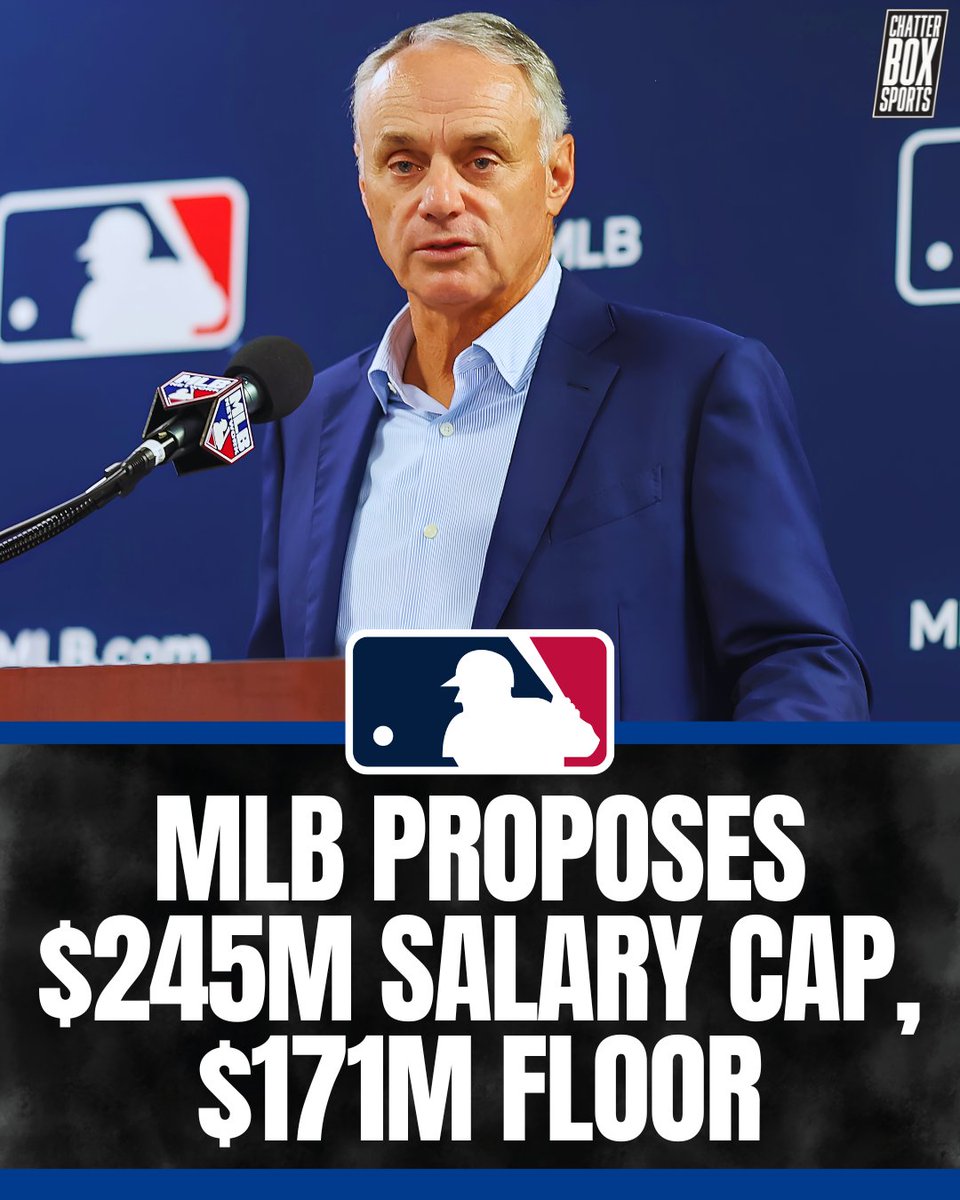 CBoxSports's tweet photo. MLB has proposed a hard salary cap in the next CBA, per @JesseRogersESPN.

💰 Floor: $171.2M
💰 Ceiling: $245.3M

The proposal includes a 50/50 revenue split with players and local media revenue shared equally among teams. As revenues increase, the cap would rise too. https://t.co/N19wIrNMp7