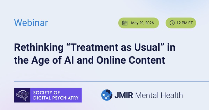 jmirpub's tweet photo. Last call 🚨

How should digital mental health trials evolve when patients are already turning to AI, YouTube, and online content for support?

Join Dr Benjamin Kaveladze and @JohnTorousMD tomorrow for a live Society of Digital Psychiatry + JMIR Mental Health webinar on rethinking “treatment as usual.”

Secure your spot: https://t.co/OkMK7QDJfP 
#DigitalMentalHealth #DigitalPsychiatry #AIinHealthcare #MentalHealthResearch #ClinicalTrials #BehavioralHealth #JMIR #HealthInnovation