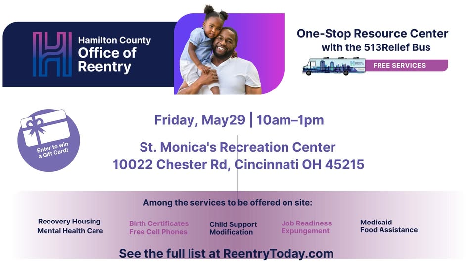HCJFS's tweet photo. Need help with services? Tomorrow the Hamilton County Office of Reentry will be having their One Stop Resource event with the @513Relief Bus at St. Monica's Rec. Center (10022 Chester Road).

Stop by anytime from 10 AM - 1 PM. You could even win a gift card! https://t.co/00MRtSkozD