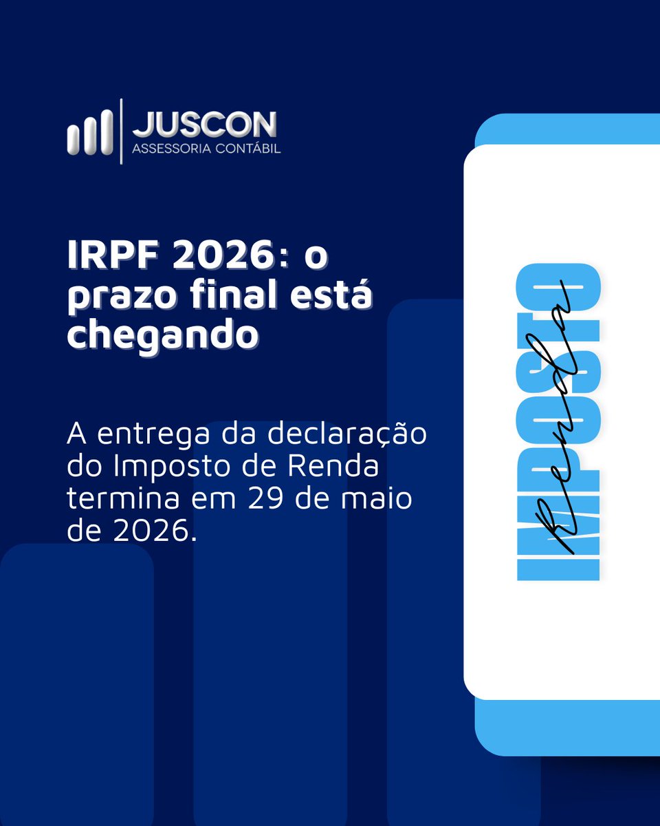 juscon_contabil's tweet photo. IRPF 2026: Prazo final está chegando. Você já revisou sua declaração?
A entrega do Imposto de Renda termina em 29 de maio de 2026, mas atenção: não basta apenas enviar dentro do prazo.
Leia o artigo completo e entenda como evitar erros na sua declaração:
https://t.co/YYSKTOwweO https://t.co/YurZgK9f8p