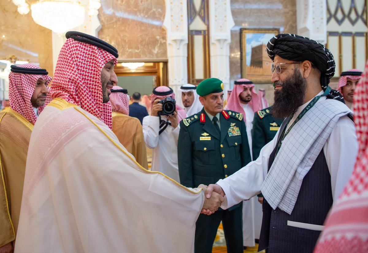 MJalalAf's tweet photo. The Ambassador-Designate of the Islamic Emirate of Afghanistan greeting Crown Prince Mohammed bin Salman during the Eid greetings ceremony earlier today. https://t.co/SWXtQCAgmj