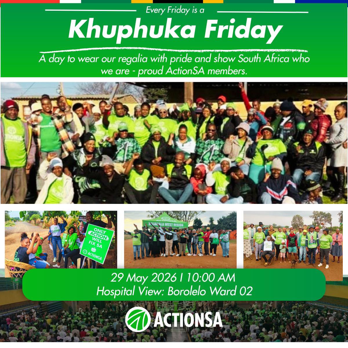ActionSA_NW's tweet photo. From Phokeng to Geelhoutpark, the green wave is loading. Tomorrow is #KhuphukaFriday and North West Actioners know the assignment. #KhuphukaFriday https://t.co/salUnBatmi
