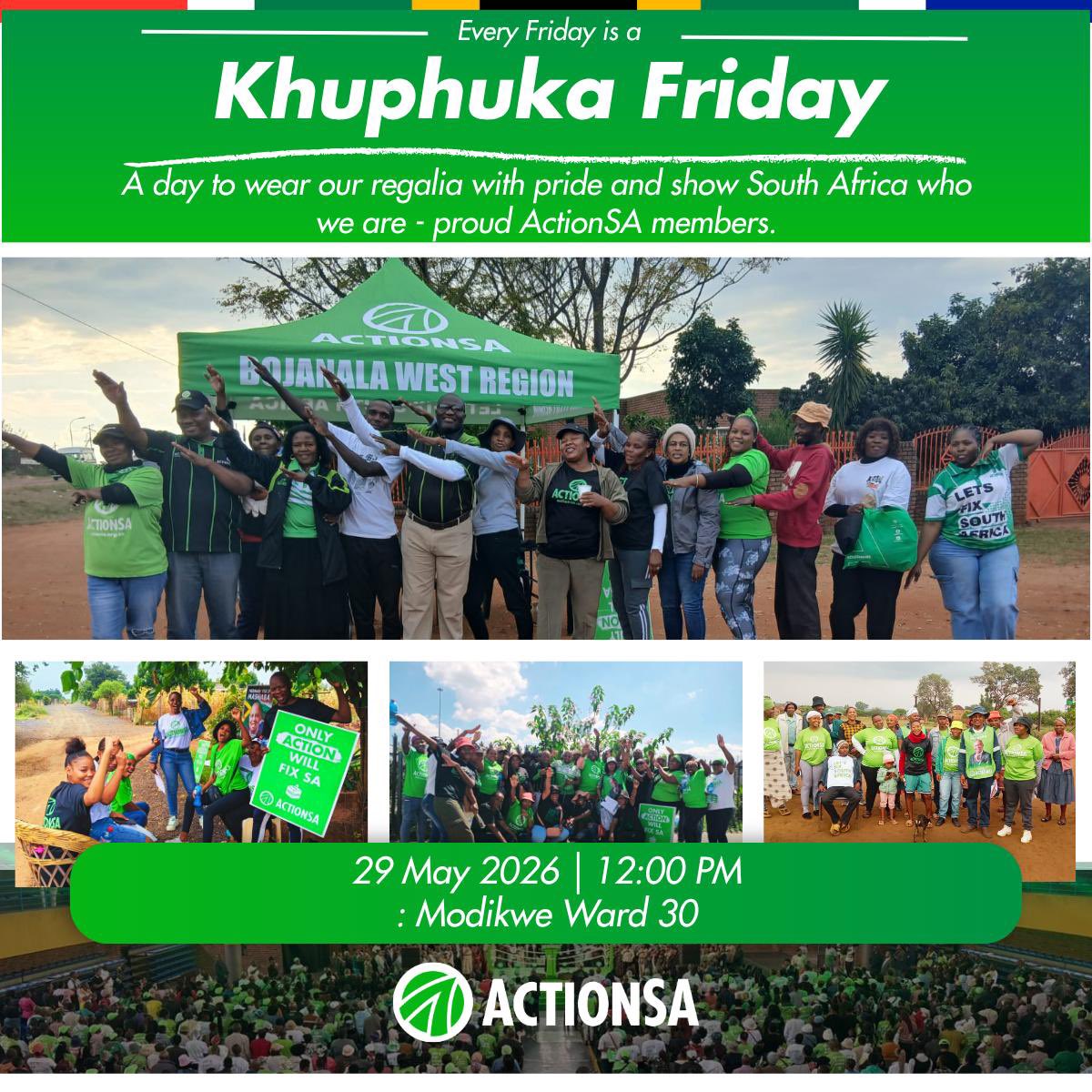 ActionSA_NW's tweet photo. From Phokeng to Geelhoutpark, the green wave is loading. Tomorrow is #KhuphukaFriday and North West Actioners know the assignment. #KhuphukaFriday https://t.co/salUnBatmi