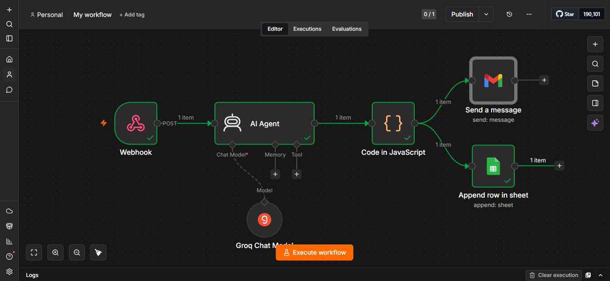 Phizzy250's tweet photo. Day 16 learning Claude.

Biggest build so far.

Claude designed the workflow intelligence.
n8n executed it autonomously.

Built a real estate lead system:
→ Lead capture
→ AI classification
→ Personalized emails
→ Google Sheets logging https://t.co/FvWUvQPXUq
