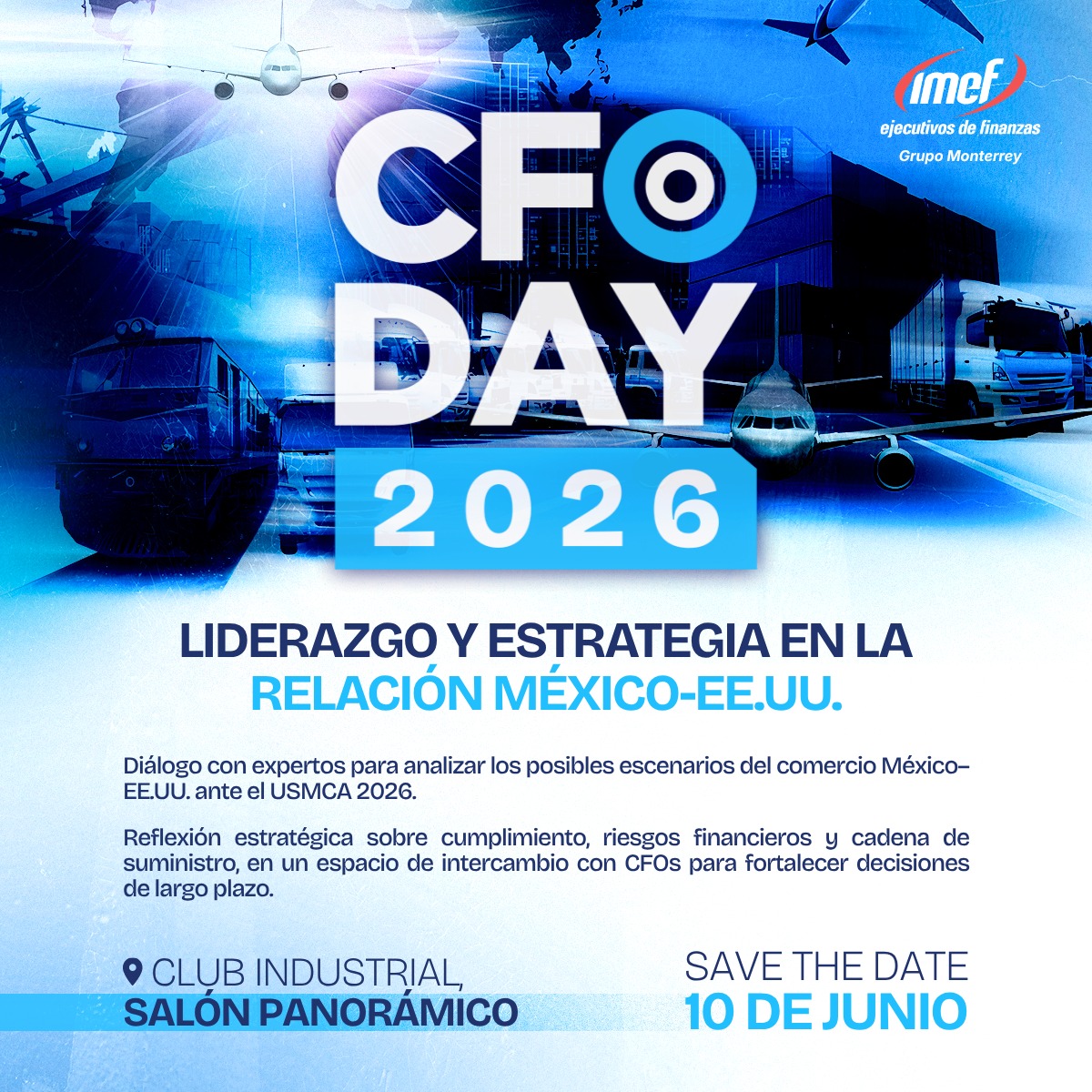 IMEFOficial's tweet photo. El IMEF Grupo Monterrey presenta CFO Day 2026: Liderazgo y estrategia en la relación México–EE. UU., un espacio de análisis donde expertos abordarán los posibles escenarios del comercio bilateral ante el USMCA 2026.

📅 10 de junio
📍 Club Industrial, Monterrey

 #CFO https://t.co/3009mmJhhT