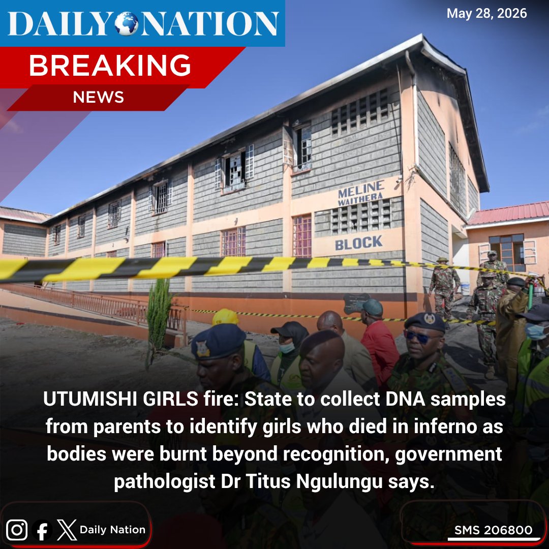 NationAfrica's tweet photo. UTUMISHI GIRLS fire: State to collect DNA samples from parents to identify girls who died in inferno as bodies were burnt beyond recognition, government pathologist Dr Titus Ngulungu says. https://t.co/1GipWYBb7v