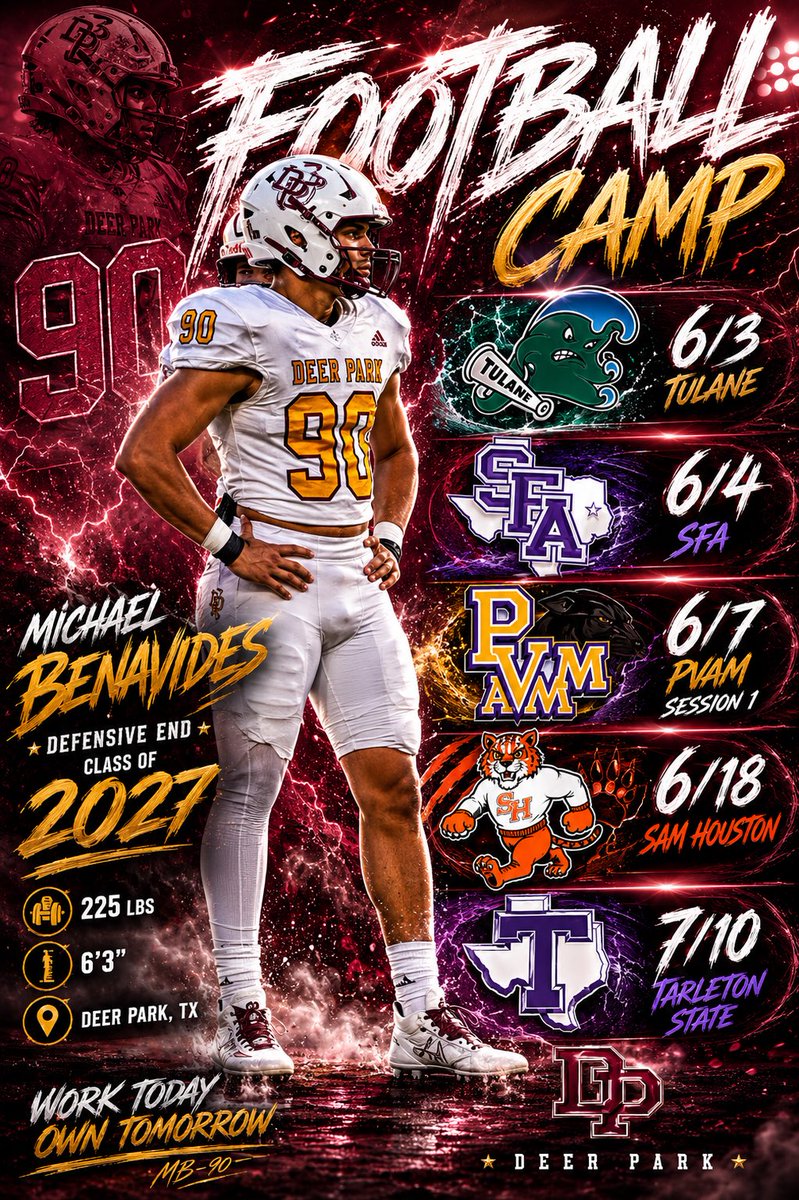 Michael_benny27's tweet photo. Thank you coaches for all the invites this summer! Out of them all, I will be attending these camps starting next week! @dpisdathletics @DeerFootball @ExplosiveHTX https://t.co/EtCdeTEkV8