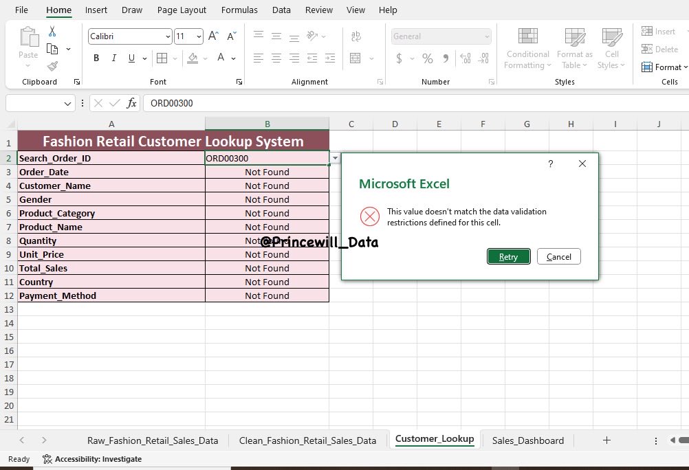 Princewill_Data's tweet photo. Built a more refined Fashion Retail Customer Lookup System in Excel.
Added:
• IFERROR to return“Not Found”instead of N/A for invalid searches
• Data Validation dropdowns for faster Order ID search. CONT⬇️#PressingData #DataAnalytics #Excel #XLOOKUP #IFERROR 

The Data Press Guy https://t.co/aKelK9xZT6