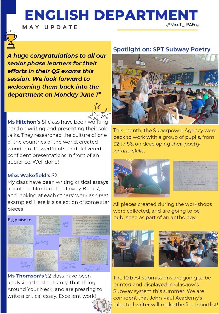 MsT_JPAEngMedia's tweet photo. 🌟 Despite missing our Senior Phase classes, May @johnpaulacademy English and Media was jam packed with S3 exams, @superpow3 workshops and saying goodbye to our ambassadors! 🫶 Looking forward to seeing what June brings! 🌟 https://t.co/HWlrVO60Ta