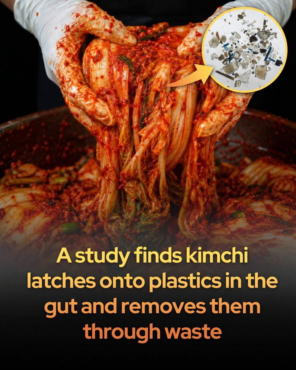 ShiningScience's tweet photo. Kimchi shown to remove plastics from the body before they can spread to organs.

A probiotic bacterium isolated from traditional Korean kimchi could act as a microscopic shield against the rising threat of nanoplastic pollution.

Researchers in South Korea have discovered that Leuconostoc mesenteroides CBA3656, a lactic acid bacterium found in fermented kimchi, possesses a unique ability to bind to nanoplastics—plastic particles smaller than 1 micrometer that can easily cross intestinal walls and accumulate in vital organs like the brain and kidneys. 

In simulated laboratory environments designed to mimic the harsh, fluid conditions of the human digestive tract, this specialized strain maintained a 57% binding efficiency to polystyrene nanoplastics, far outperforming standard reference strains which dropped to a mere 3% efficiency. To test these findings in vivo, scientists administered the kimchi-derived probiotic to germ-free mice exposed to nanoplastics. The treated mice successfully excreted more than twice the volume of plastic particles in their feces compared to the control group, demonstrating that the bacteria can effectively capture and escort these synthetic contaminants out of the digestive system before they migrate into deeper tissues.

The biological mechanisms were observed strictly within controlled laboratory cultures and mouse models, meaning further clinical trials are required to confirm if eating standard commercial kimchi yields identical protective effects in the human gut. Nevertheless, the study provides a foundational framework for developing food-derived probiotics engineered to combat systemic plastic ingestion. As global concern over microplastic contamination in drinking water and food supplies reaches unprecedented levels, utilizing natural, fermentation-born microbes offers a highly promising, biocompatible strategy for mitigating the long-term toxicological risks associated with daily environmental plastic exposure.

Reference

Han, S., Kim, J., Lee, H., & Park, S. (2026). Efficient biosorption of nanoplastics by food-derived lactic acid bacterium. Bioresource Technology, 418, 131450.