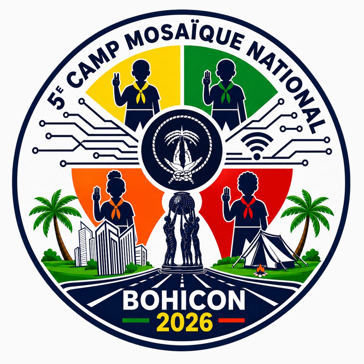 ScoutsBenin's tweet photo. Le Scoutisme Béninois est heureux de dévoiler officiellement le logo du 5ᵉ Camp Mosaïque National qui se tiendra du 22 au 28 juillet 2026 à Bohicon autour du thème : «Jeunesse scoute engagée en faveur de la citoyenneté numérique et de la Vision Bénin 2060». https://t.co/ldCLxZGwHV