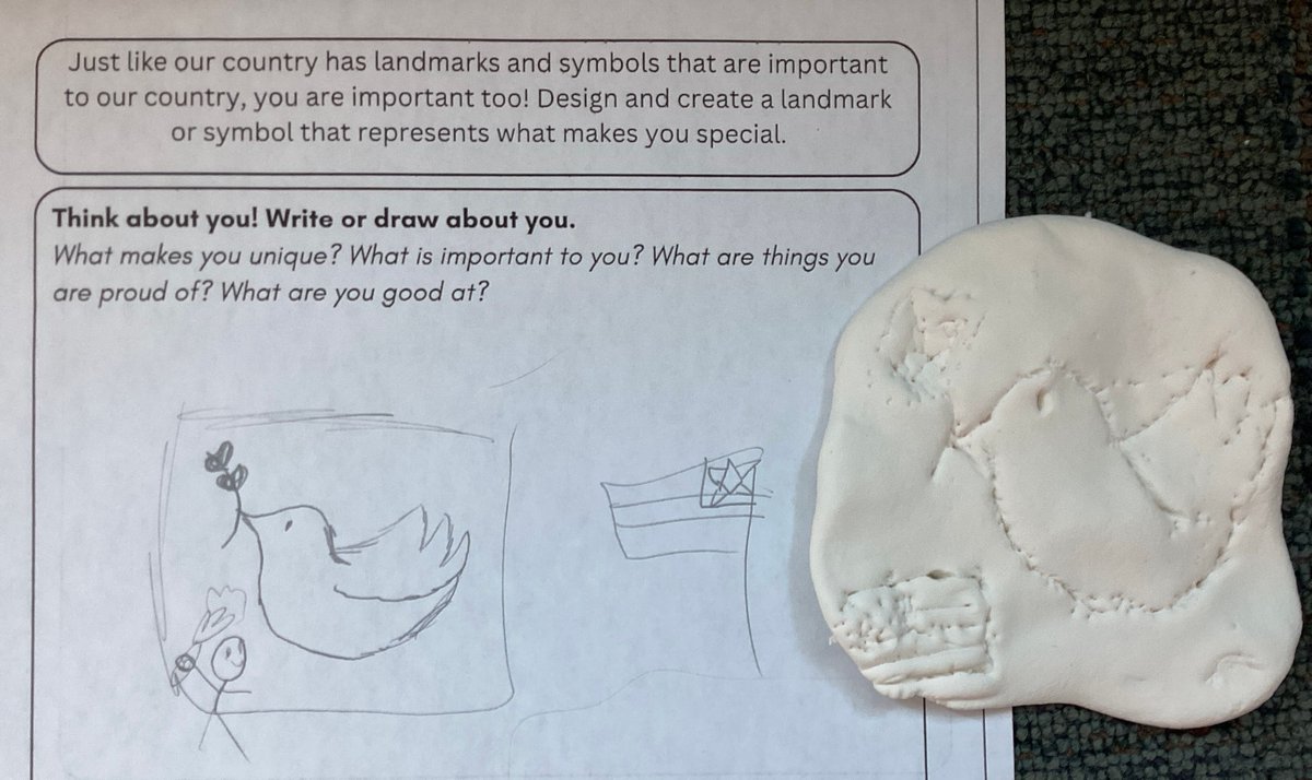 dancelibrarian's tweet photo. Students are creating a landmark or symbol with model magic. This one looks just like the plan. (That doesn't always happen). Markers are next week! https://t.co/nCPCp01LEF